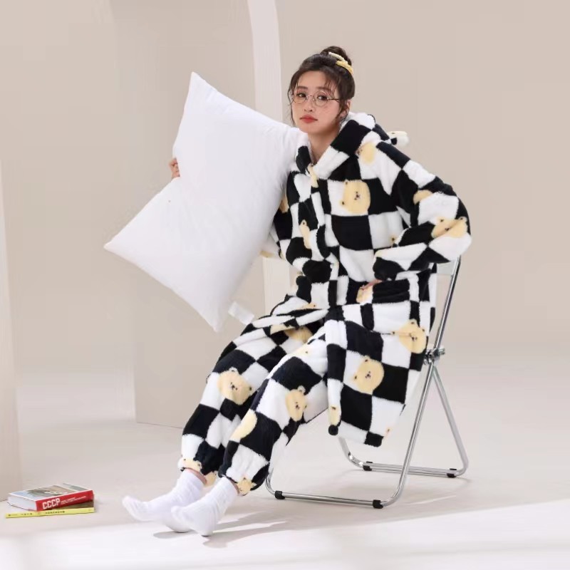 美楽兎フード付きコーラルフリースパジャマカップル冬の新型美楽ティ厚手ホームウェアセット|undefined