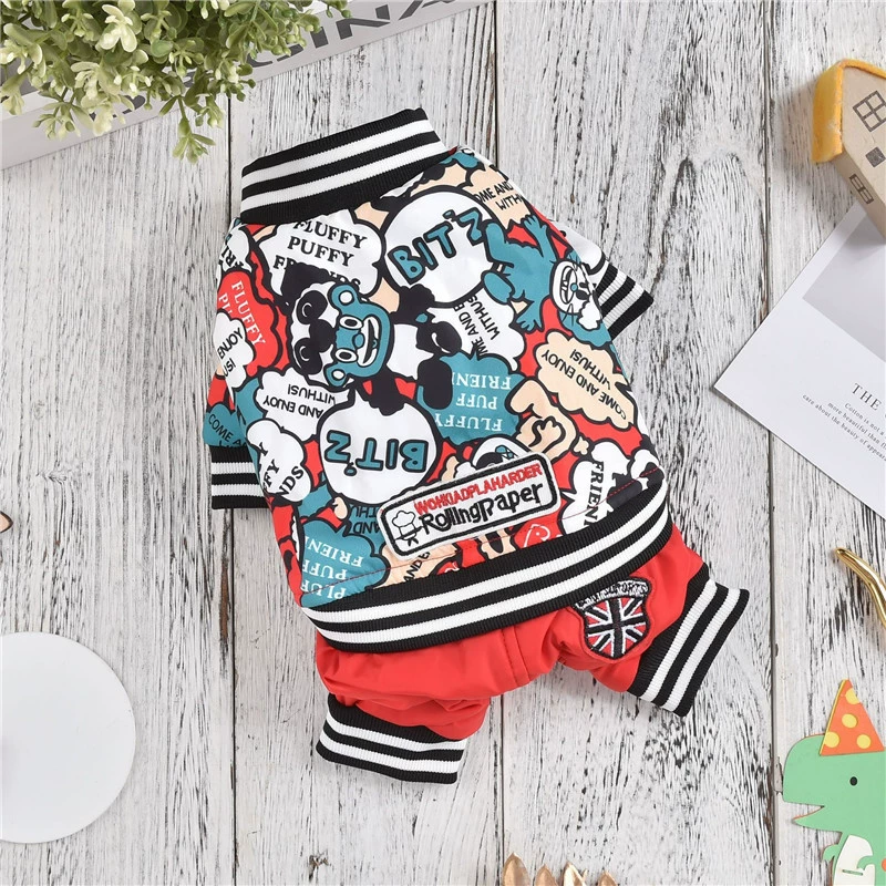 Утолщенные ветрозащитные штаны на четырех ножках с цветным мультяшным принтом, ветрозащитная флисовая куртка для маленьких и средних собак, зимняя теплая одежда для домашних животных