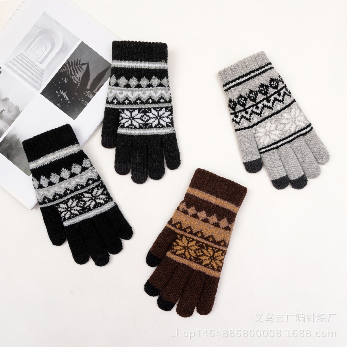クロスボーダー定番メンズサイクリングアウトドア防寒保温ダブル八角ウールタッチスクリーンジャカードニットグローブ