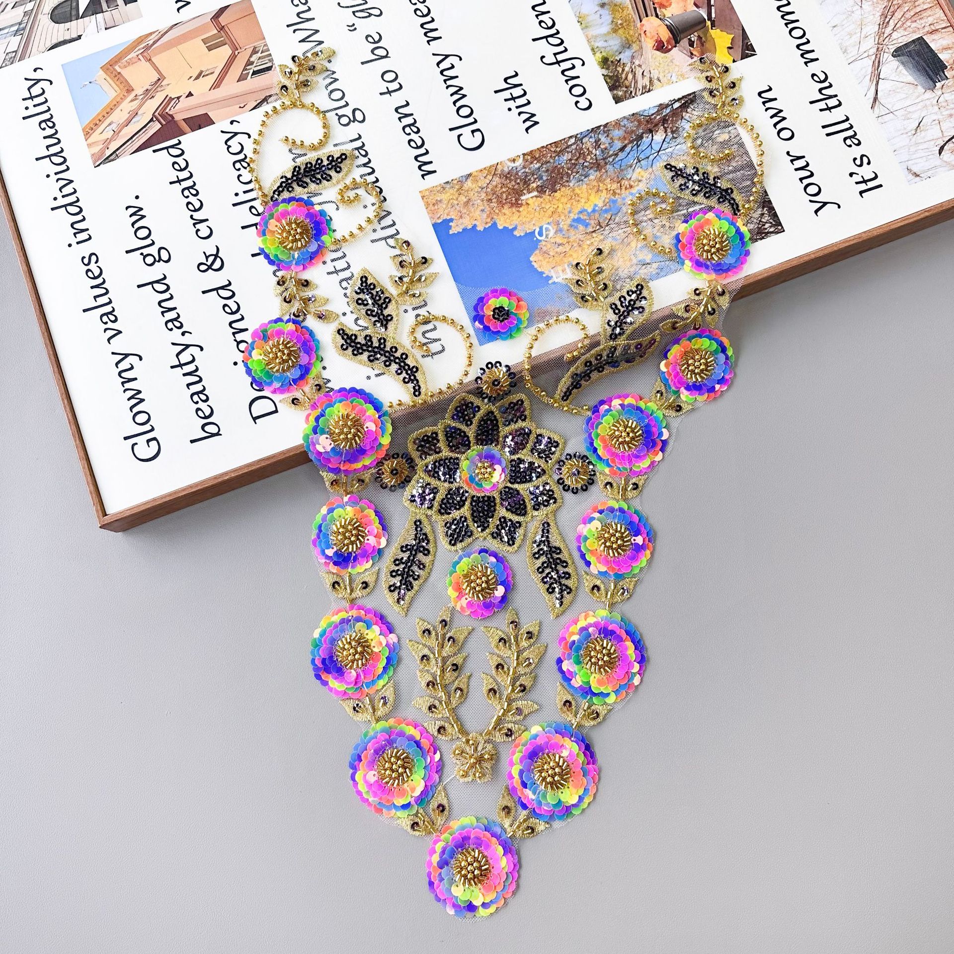 industria pesada multicolor sequinilla floral tridimensional bordado encaje dorado + encaje colorido decoración de vestido image 4