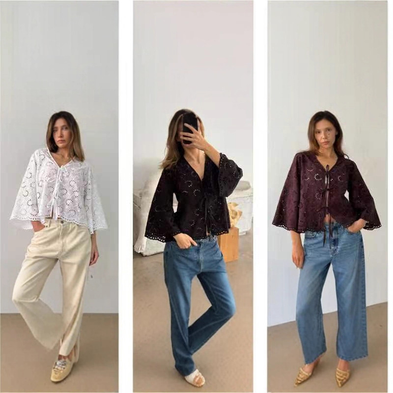 Amazon 2026 Spring European and American Women's Versatile Hollow Lace Tie Long Sleeve Shirt Loose Comfortable Thin Cardigan Amazon 2026 Spring European and American Women's Versatile Hollow Lace Tie Long Sleeve Shirt Loose Comfortable Thin Cardigan