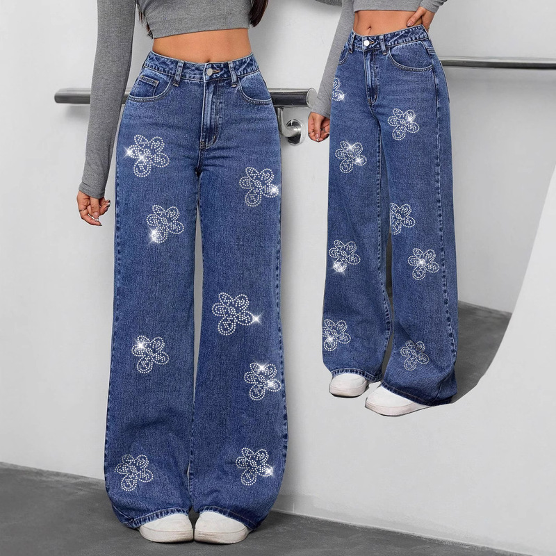 Cross-Border European and American Amazon Popular High Street Rhinestone Long Pants Pure Straight Loose Versatile Wide-Leg Washed Jeans