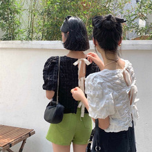 韩国chic夏季减龄法式心机背后绑带露背肌理感泡泡袖短款衬衫上衣