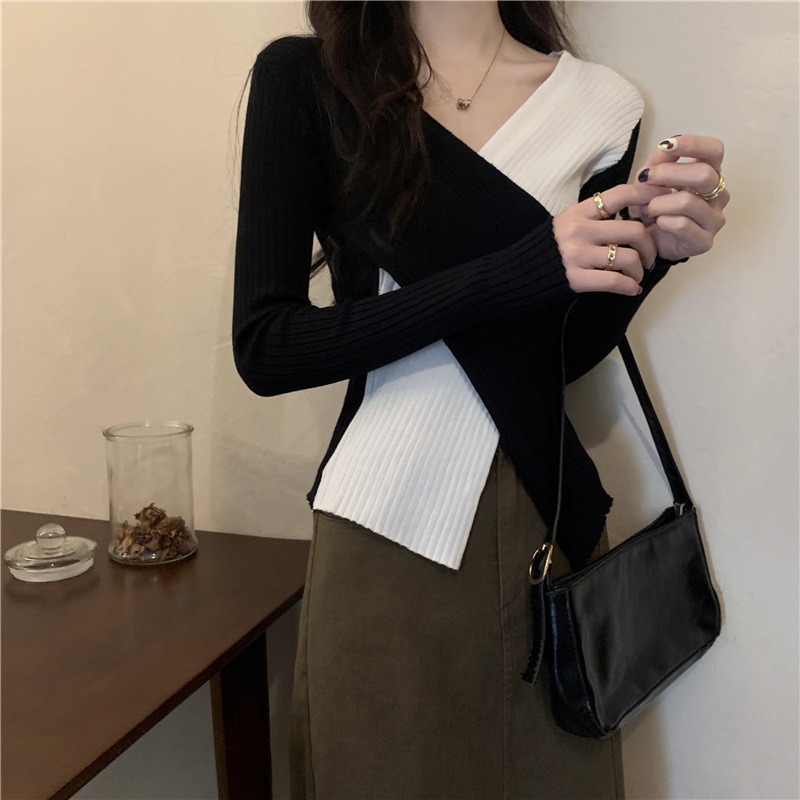 Aria Basics Women's Slim Fit V-neck Knit Pullover European Style_voghion.com