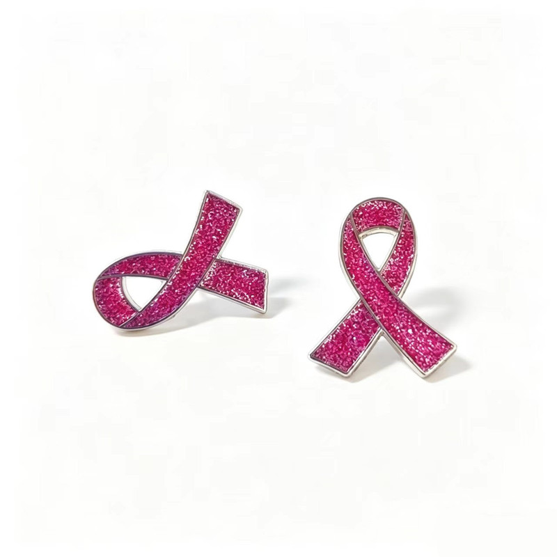 In-Stock Wholesale Classic Breast Cancer Awareness Logo Glitter Pink Ribbon Brooch Jewelry Badge