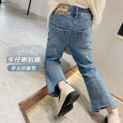 女童牛仔褲2024春秋新款時髦炸街褲子兒童彈力高腰外穿喇叭褲