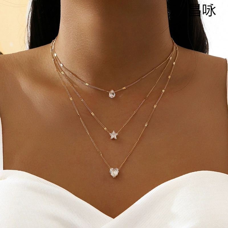 Трансграничное популярное ожерелье, простое и элегантное многослойное ожерелье для женщин, ожерелье с подвеской в ​​виде капли воды в форме пятиконечной звезды, цепочка на ключицу
