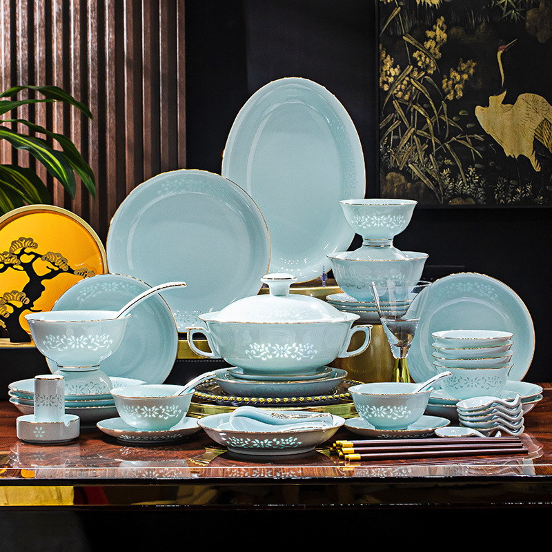 Jingdezhen Underglaze Colored Exquisite Celadon Porcelain Gift Tableware Ceramic Bowl and Plate Set Wholesale National Trend Style Bowls and Chopsticks