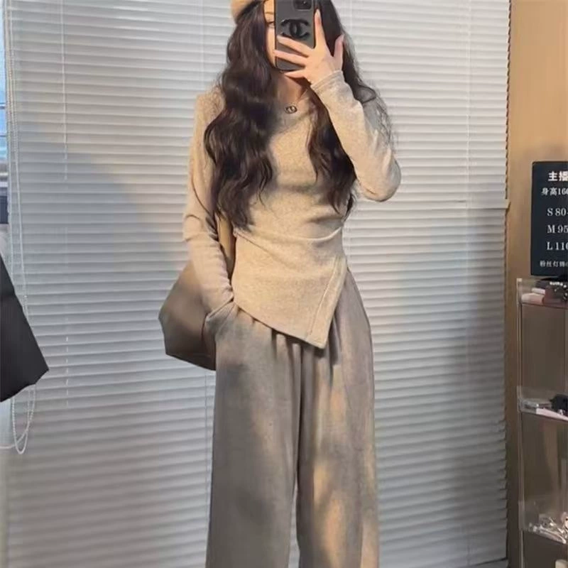 Нерегулярный топ спортивные брюки модный набор женские осенние и зимние маленькие маленькие прямые брюки широкие брюки повседневный набор из двух частей