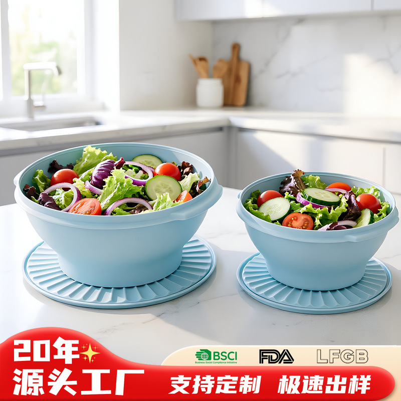 Source factory pink star flower lid preservation bowl set, large-capacity plastic salad bowl with lid, leak-proof for fruit and vegetable preservation