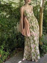 度假绝美小裙海边时尚印花露背系带吊带连衣裙设计感高腰长裙