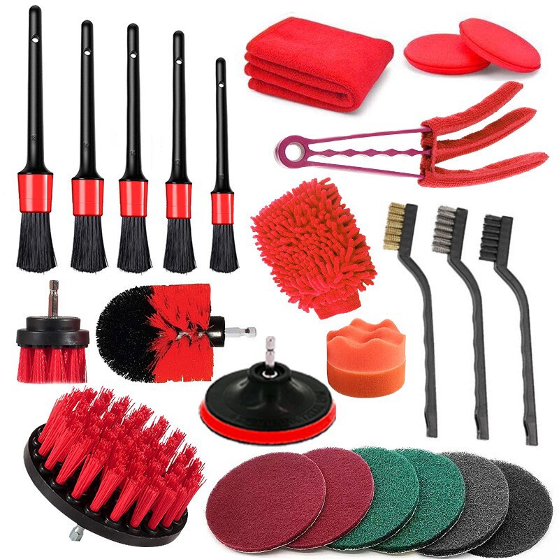 【Cross-Border】Car Cleaning Brush 26-Piece Set Electric Drill Brush Head Set for Floor and Wall Cleaning, Hard Bristle for Car Washing