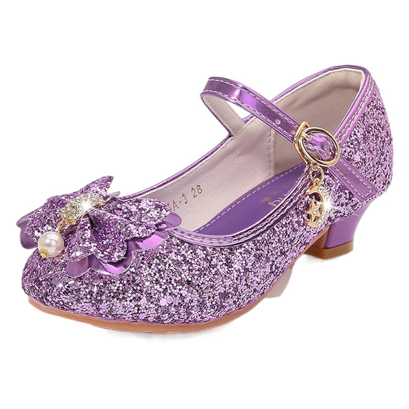 Zapatos de tacón alto para niñas primavera nuevos zapatos de princesa para niños zapatos de cristal plateado inferior suave del todo fósforo zapatos de cuero de rendimiento de niña