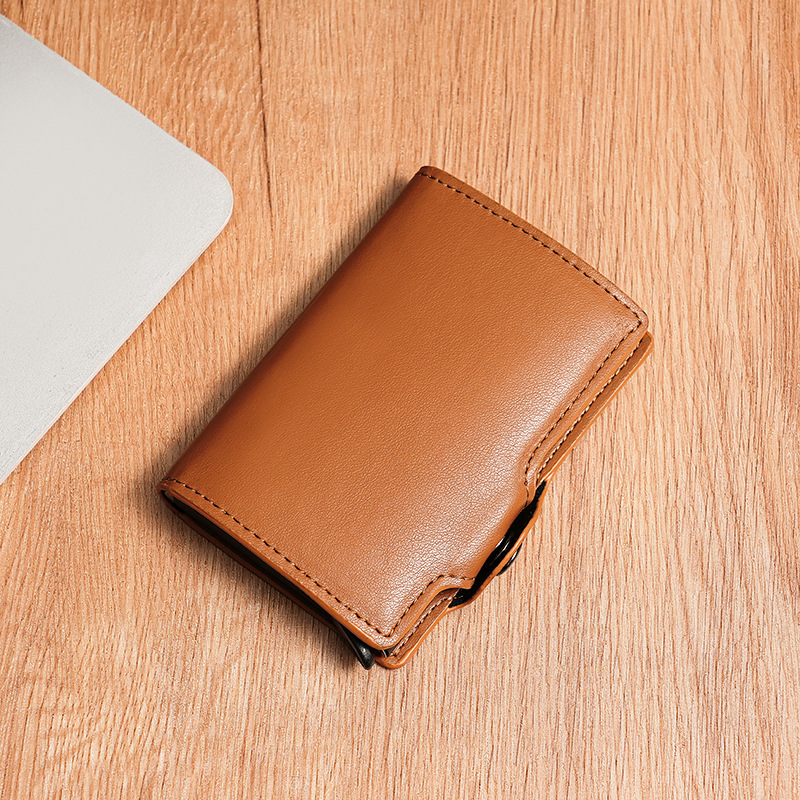 Cepillo antirrobo Caja de aluminio con tarjeta elástica automática Carpeta de tarjeta bancaria RFID para hombres Caja de tarjeta emergente de metal Carpeta para tarjetas de visita