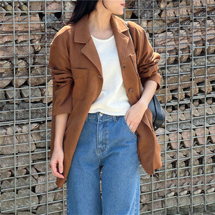Suit Collar Single-breasted Suede Tooling Coat Women's 2024 Korean-style Slimming Simple Mid-length Jacket Windbreaker