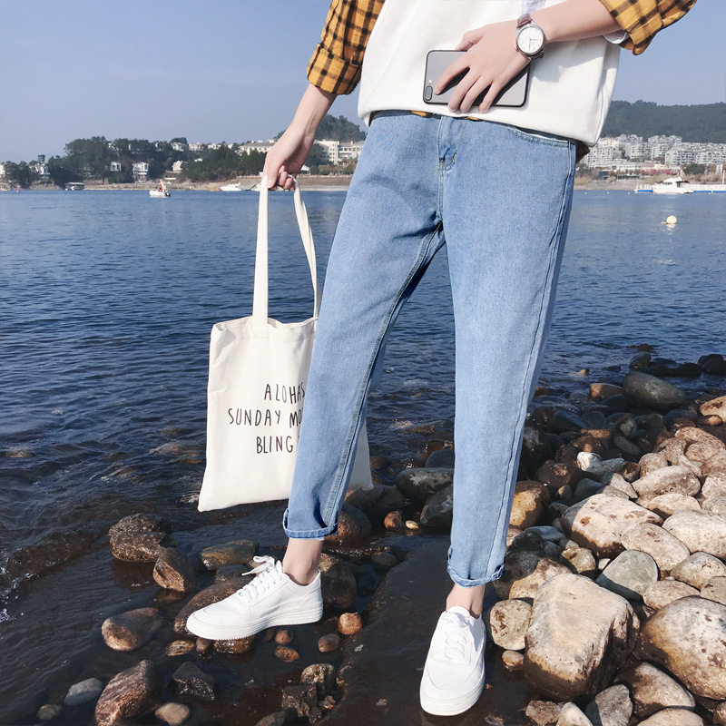 Hong Kong style summer straight jeans men's Korean-style large size loose all-match Harajuku style bf student cropped skinny pants