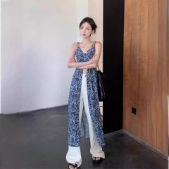 フランスの花のvネックのサスペンダーのワンピースの婦人服の夏の甘いギャルのスカートの青い復古の気質のオープンフォークのロングスカート