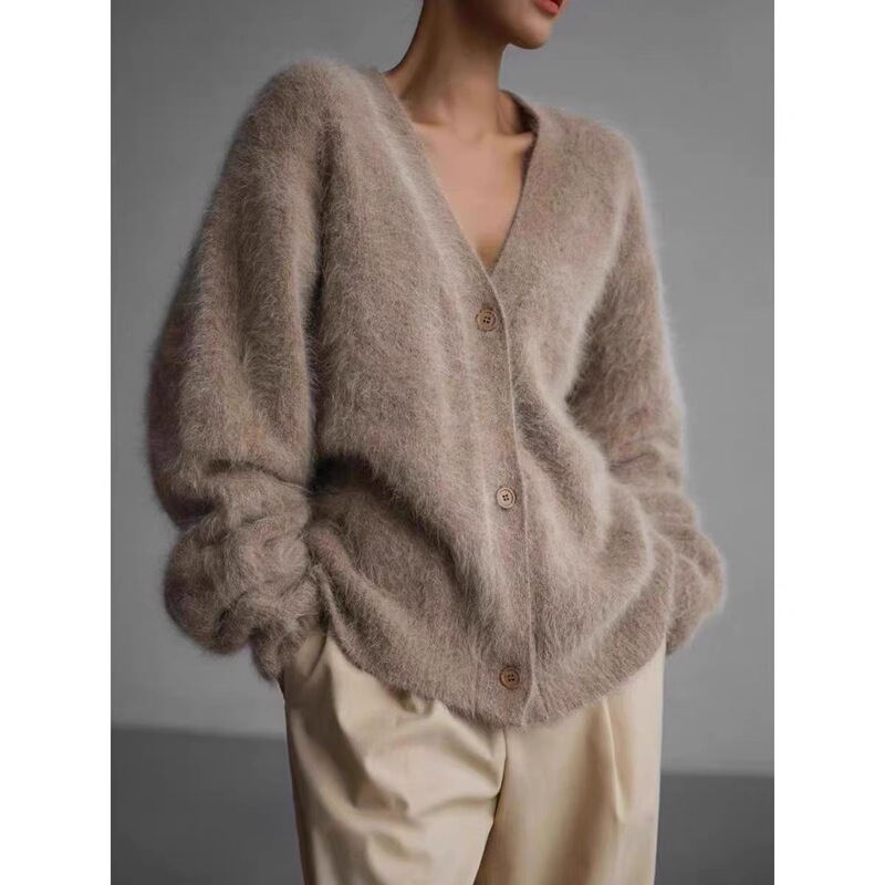 Lazy Style V-Neck Imitation Mink Sweater Jacket for Women Autumn and Winter 2025 New High-End Furry Knitted Cardigan