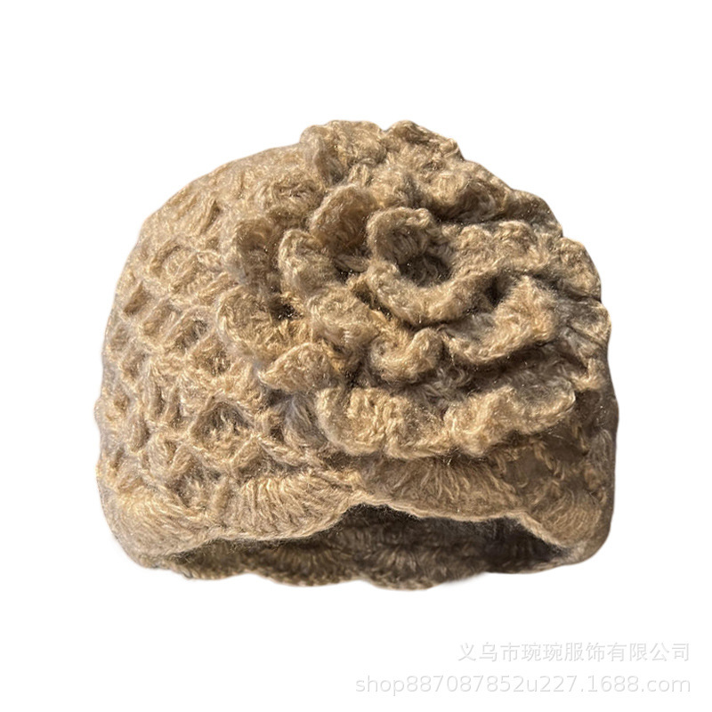 春秋季原创手工显脸小钩花立体花朵包头帽女款文艺复古针织堆堆帽|undefined