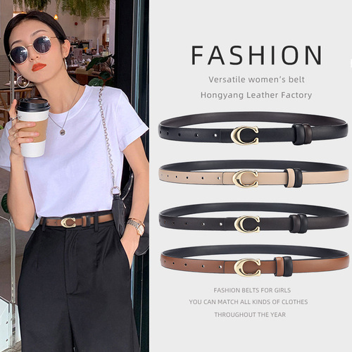 Women's belt double-sided fashionable C buckle simple jeans versatile thin belt women's Korean style trendy young people's belt