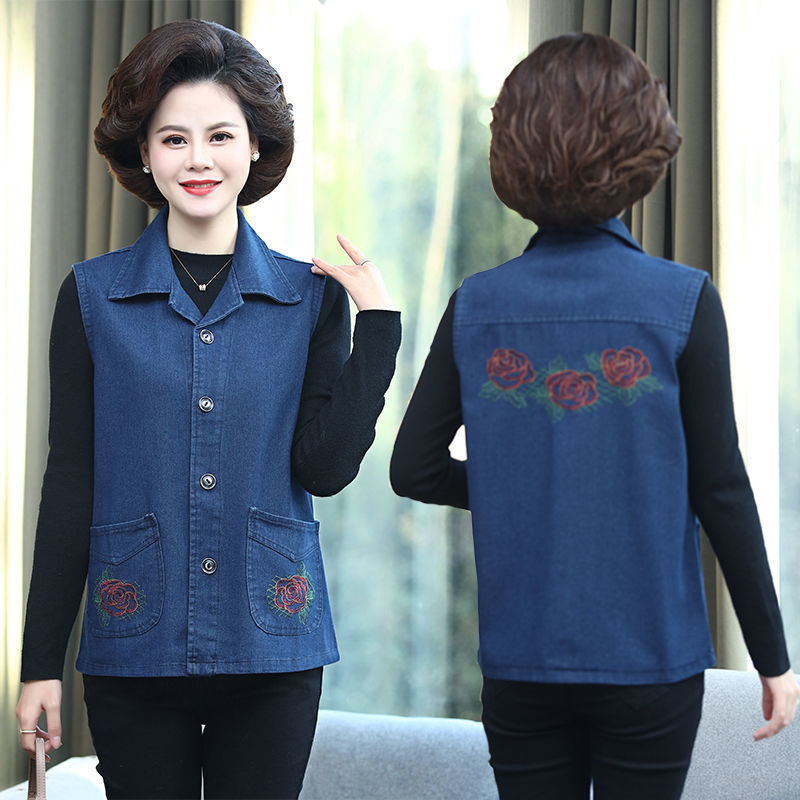 Middle-Aged and Elderly Women's Denim Vest for Mothers, Spring and Autumn Coat, Oversized Embroidered Sleeveless Loose Thin Vest