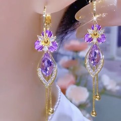 时尚高级感紫色锆石花朵流苏耳环女轻奢百搭气质耳饰时尚潮流