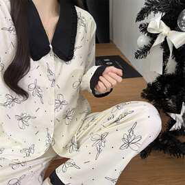 春秋天娃娃领新款睡衣女长袖长裤宽松云朵棉家居服带胸垫网红套装