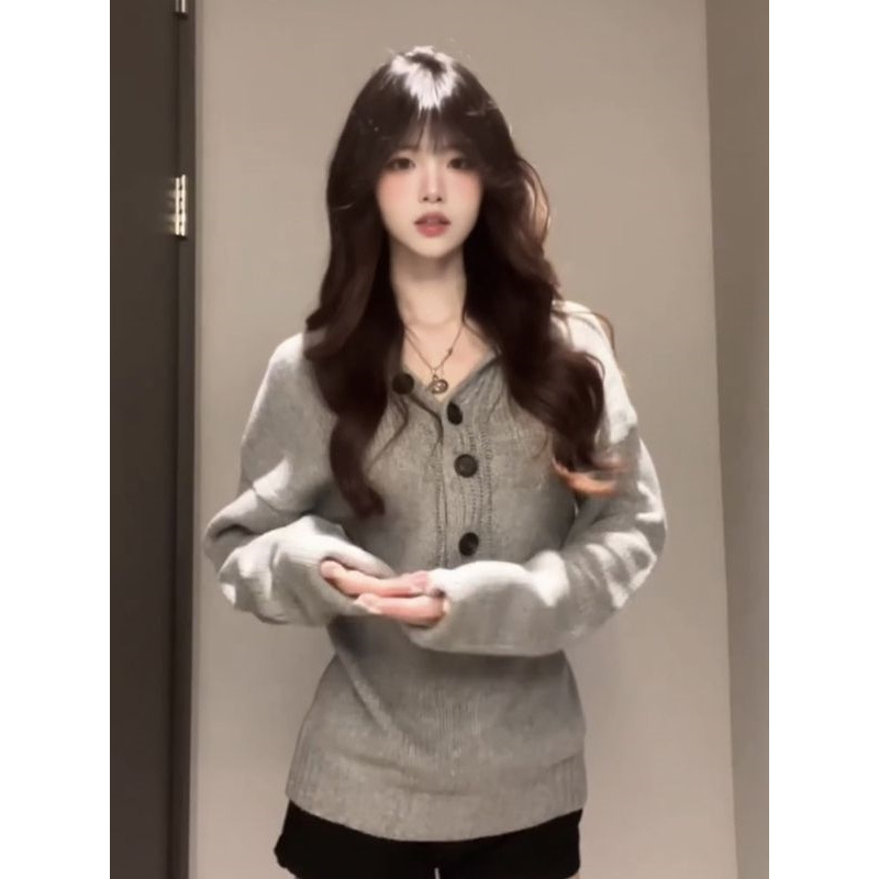 春季灰色慵懒风亨利衫毛衣女款2025新款韩系高级感显瘦针织衫上衣|undefined