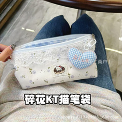 清新レース砕花kt猫筆袋insシンプル大容量学生文房具収納女子かわいい化粧バッグ