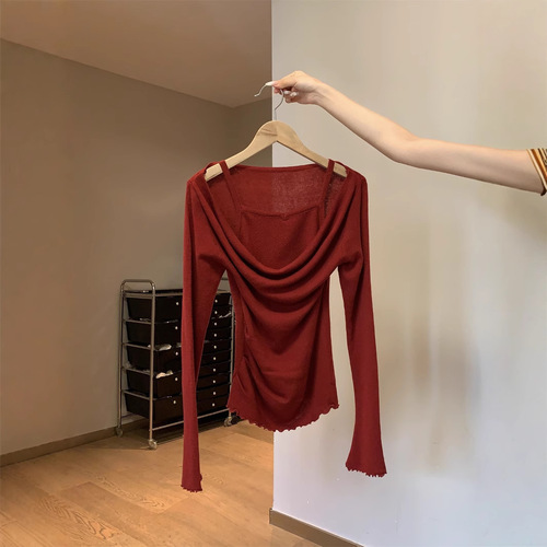 MR [Original Quality] Turtleneck Knitted Sweater with Faux Two-Piece Design and Wooden-Edge Trim, Women's Slimming Long-Sleeved Top, Bottoming Shirt