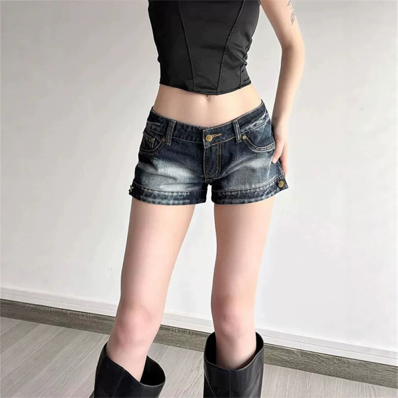 Hot Girl Style Washed-Out Denim Shorts with Side Zipper, Low-Waist Sexy Hip-Hugging A-Line Hot Pants for Women in Summer