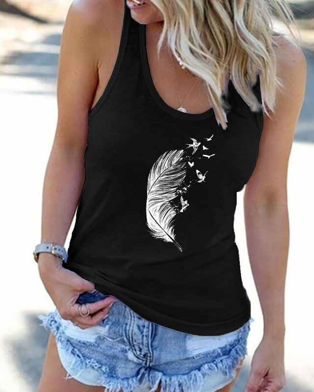 2026 Summer Ebay Round Neck Feather Print Vest T-Shirt for Women