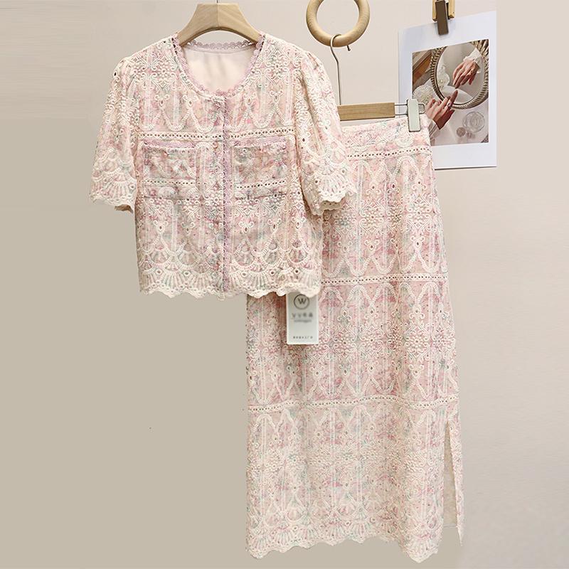 轻奢名媛风粉色蕾丝法式套裙女夏季短袖西装设计感重工半身裙套装
