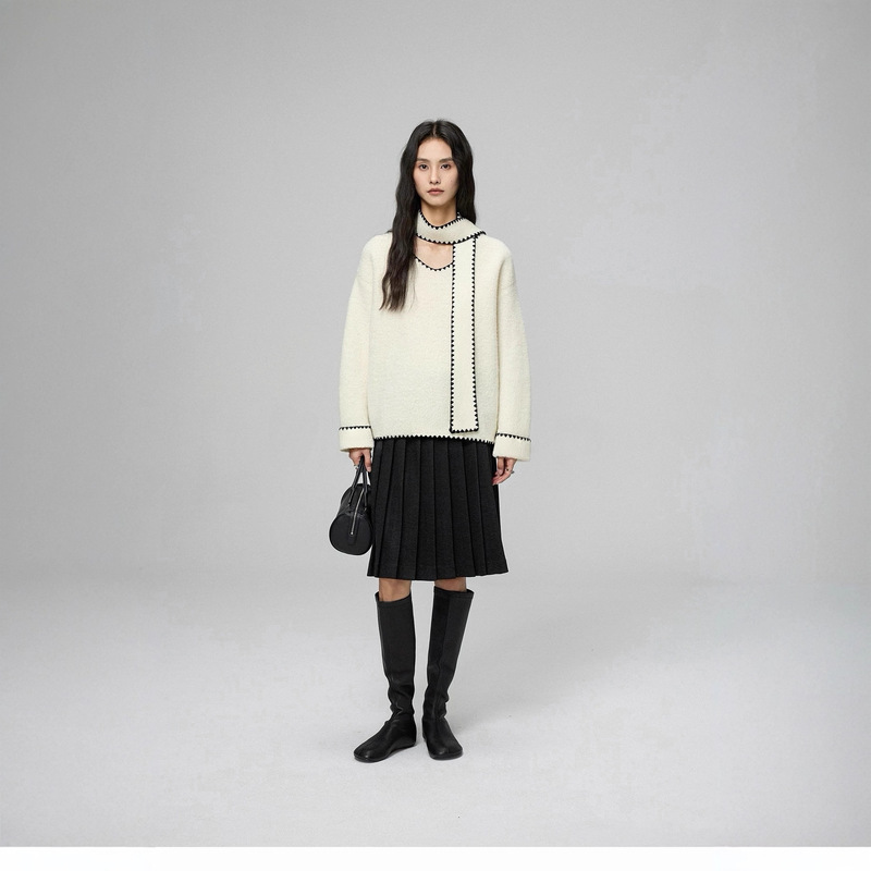 Retro Movie Style 100 Full Wool Loop Yarn Double Layer Thickeneded Detachable Scarf V Neck Knitwear 2-Piece Set