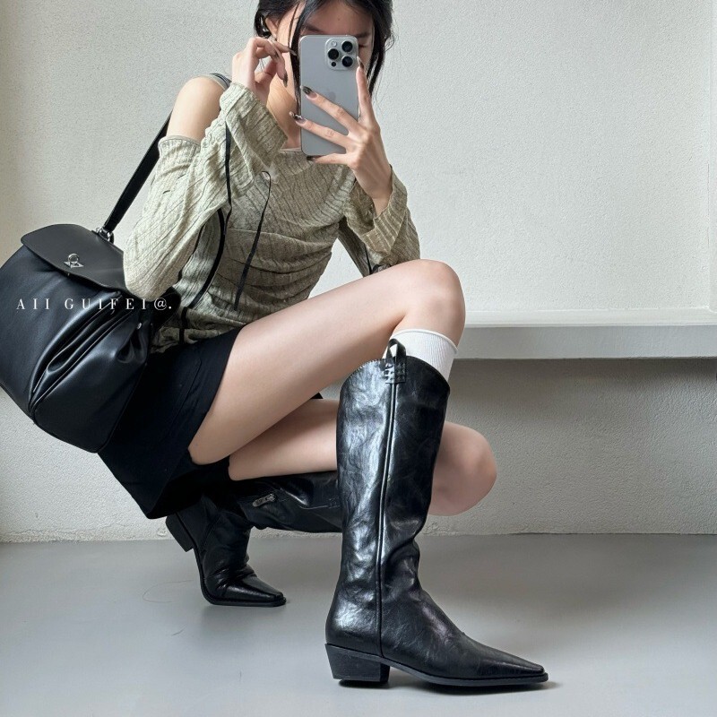 小众粗跟尖头中筒长靴女鞋2025新款秋冬季棕色V口骑士靴长筒靴子|undefined