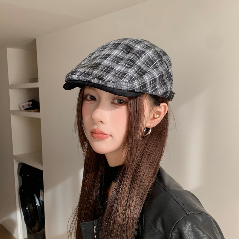 复古格纹前进帽英伦风正反两戴百搭贝雷帽秋冬季松弛感文艺画家帽|undefined