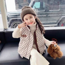 网红羽绒棉马甲儿童保暖加厚冬装2025新款女宝宝格子立领坎肩外套