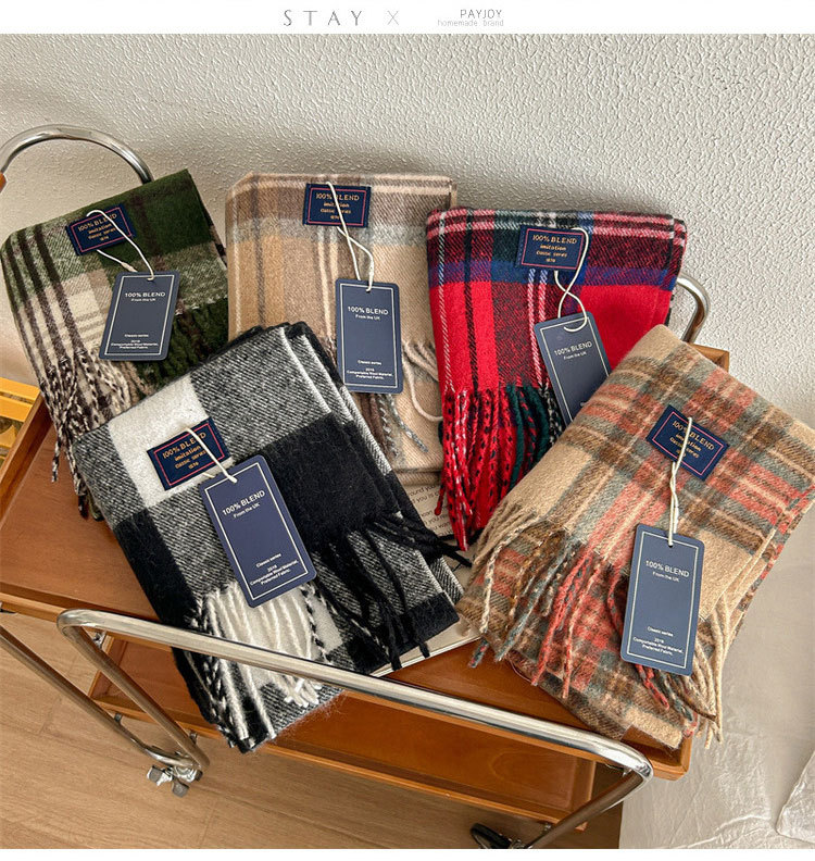 Women's Couple Retro Mens British Style Lattice Plaid Sheep Polyester Tassel Scarf display picture 2