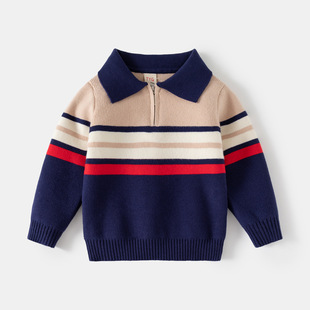 Tengyunge Children's Clothing Boys' Lapel Sweater Wholesale Children's Thick Needle Core-Spun Yarn Striped Half-Zip Knitted Top