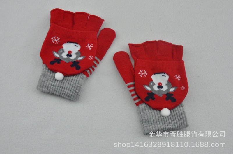 ハロウィーンクリスマス鹿雪だるまニットジャカード手袋冬防寒保温カバー半指手袋|undefined
