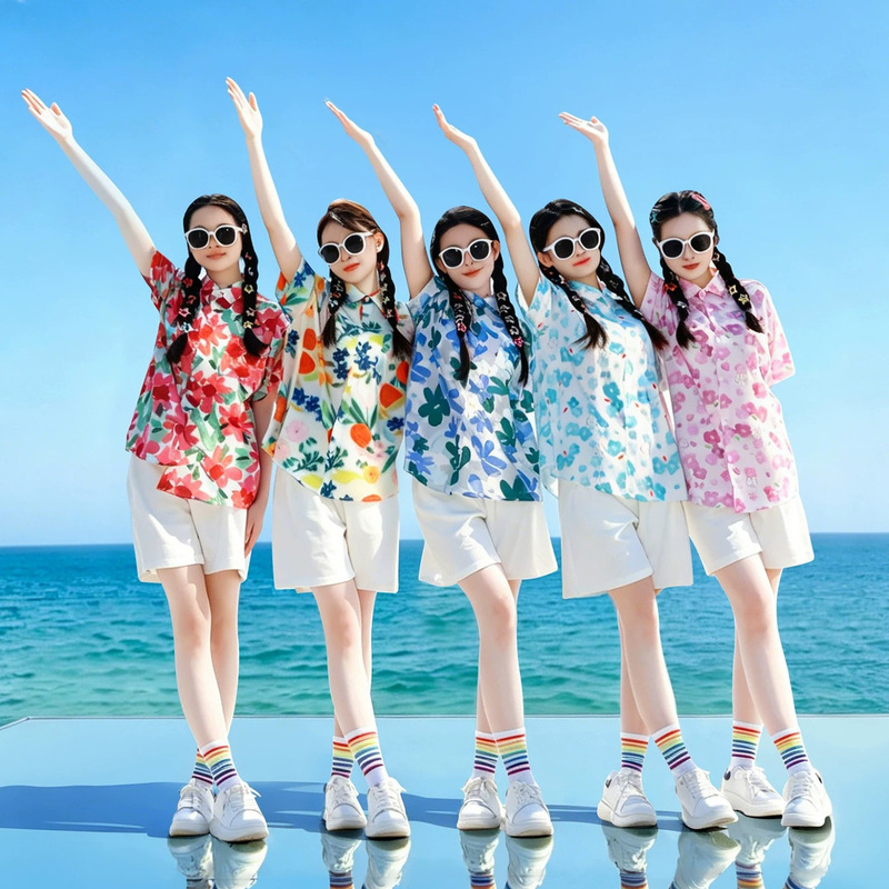 Sisters' Gathering Uniform Outfits Wedding Bridesmaid Group Photo Shoot Performance Clothing 90S Retro Hong Kong Style Floral Shirt