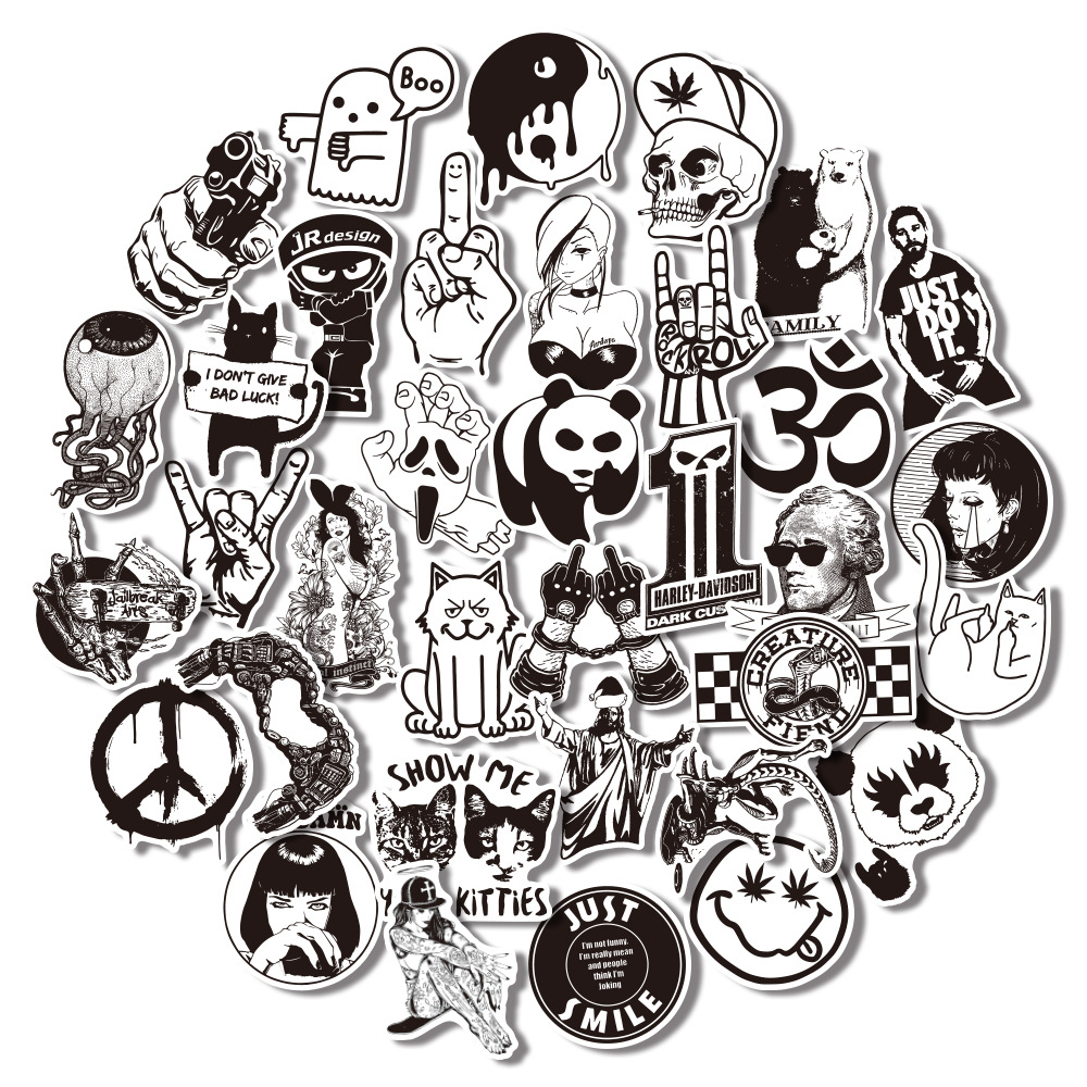 50 pegatinas de graffiti en blanco y negro de venta caliente de Amazon pegatinas decorativas impermeables de casco de guitarra punk en blanco y negro de estilo gótico