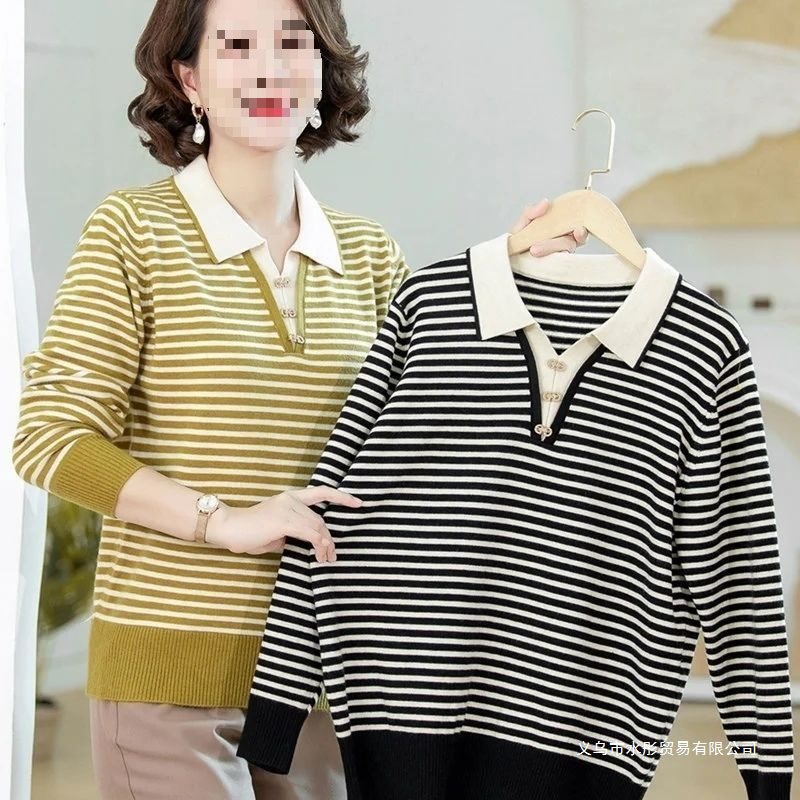 妈妈秋装翻领春秋条纹毛衣打底新款洋气针织衫妈妈中老年时尚上衣