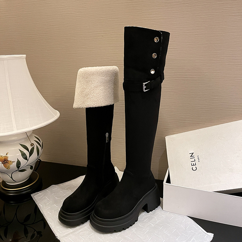 レトロな西部の靴の女性の冬のベルベットの膝のブーツの茶色のブーツの雪のブーツの騎士のブーツのギャルの長い筒