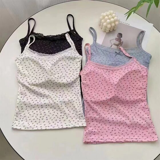 2024 Summer Ice Silk Printed Camisole Women's Japanese-style Floral Inner Lace Small Camisole Outer Wearing Top for Women