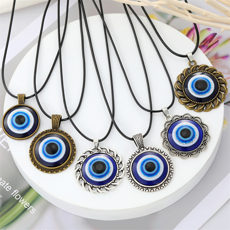 Retro round alloy blue devils eye pendant necklace black rope eye clavicle chainpicture2