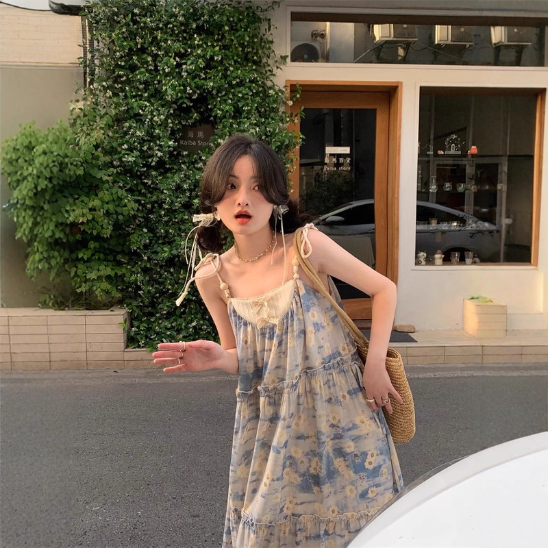 2025新款法式碎花吊带连衣裙女夏季小个子气质收腰长裙欧美|undefined