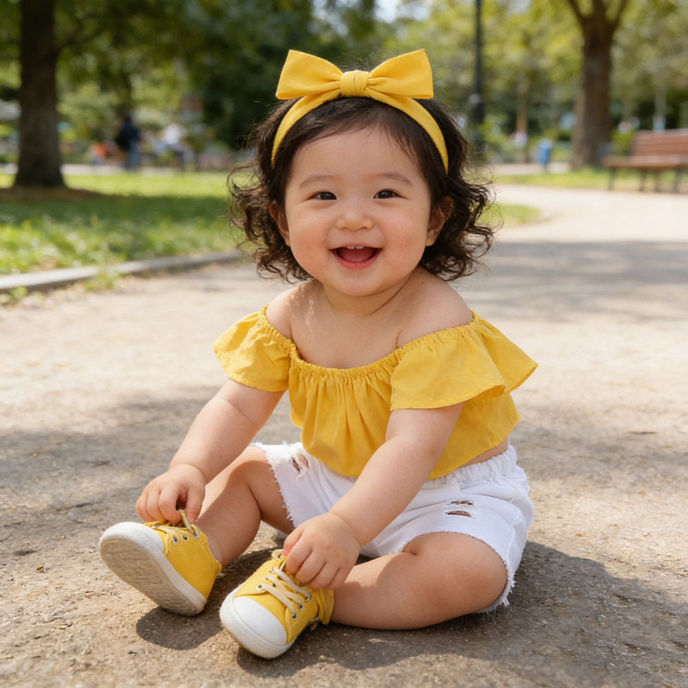 Summer New European and American Style Children's Set: Ins Girls' Yellow Off-Shoulder Tube Top + Denim Shorts, Available for Wholesale
