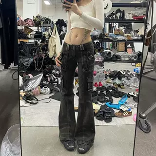 美式复古做旧水洗多口袋工装裤女2025春秋新款辣妹修身显瘦微喇裤