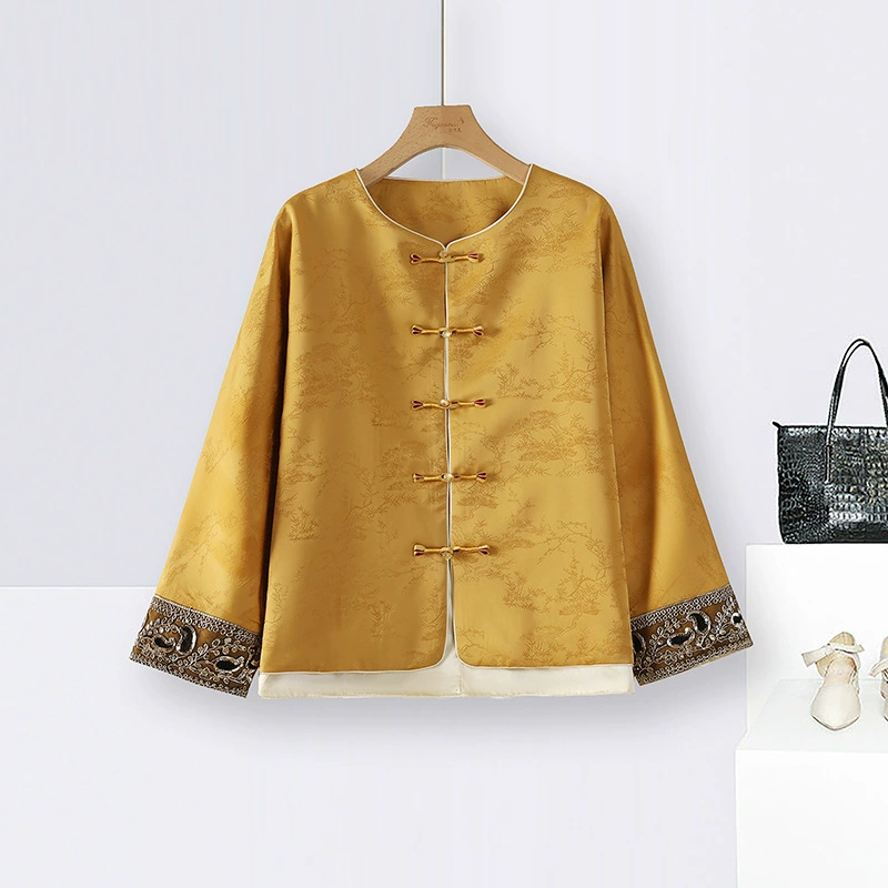 Long-sleeve, retro jacket, spring cardigan, Chinese style, fitted